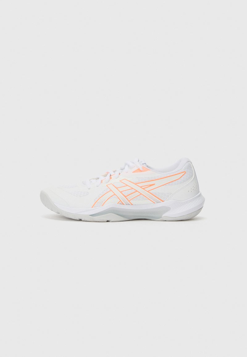 White athletic shoe with orange accents, mesh textile upper, padded collar, and a rubber outsole. Streamlined shape with breathable design.