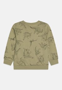 Felpa di cotone verde oliva con stampa di un dinosauro marrone scuro, con polsini e orlo a costine e scollatura a girocollo.