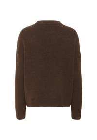 Brown wool sweater with a relaxed fit, ribbed neckline, and long sleeves. Soft texture with a slightly brushed finish.
