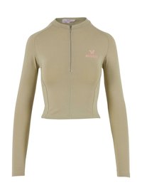 Langermet zip-up topp i lys olivengrønn. Har høy hals og en cropped passform. 'Delicious' logo i rosa på brystet. Glatt tekstur.