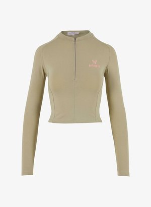 Długi rękaw z zamkiem w jasnej oliwkowej zieleni. Posiada wysoki kołnierz i krótki krój. Logo 'Delicious' w różowym na piersi. Gładka tekstura.