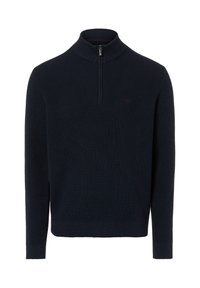 Marineblauer gerippter Pullover mit Reißverschlusskragen, verfügt über ein strukturiertes Strickmuster und ein kleines Logo auf der Brust.