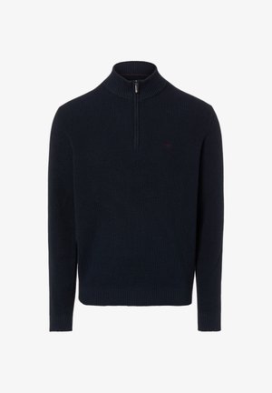Navy ribbed pullover sweater with a zipper collar, featuring a textured knit design and a small logo on the chest.