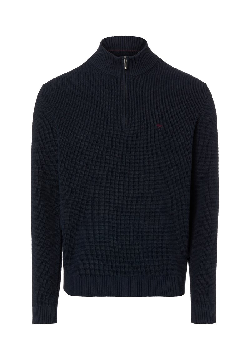 Marineblauer gerippter Pullover mit Reißverschlusskragen, verfügt über ein strukturiertes Strickmuster und ein kleines Logo auf der Brust.