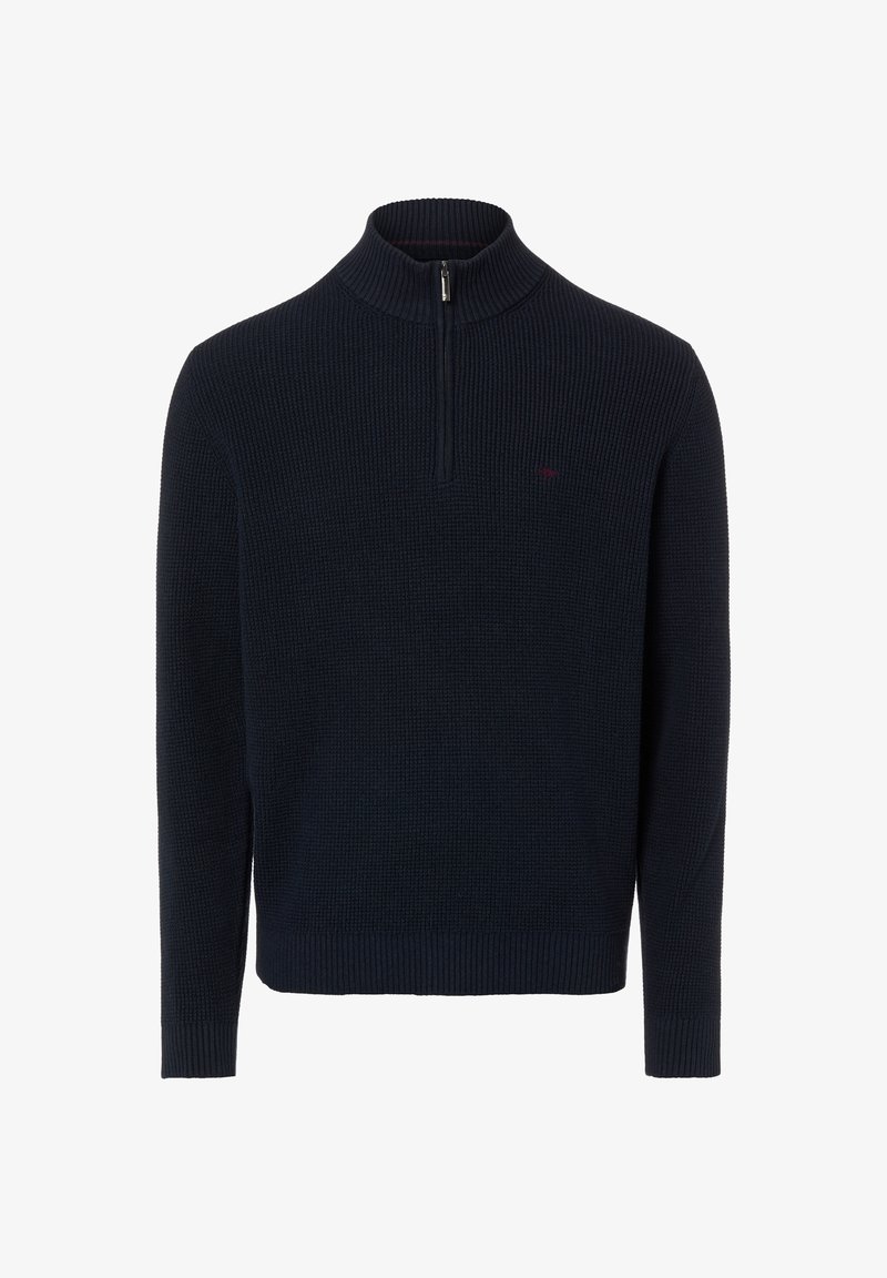 Marineblauer gerippter Pullover mit Reißverschlusskragen, verfügt über ein strukturiertes Strickmuster und ein kleines Logo auf der Brust.