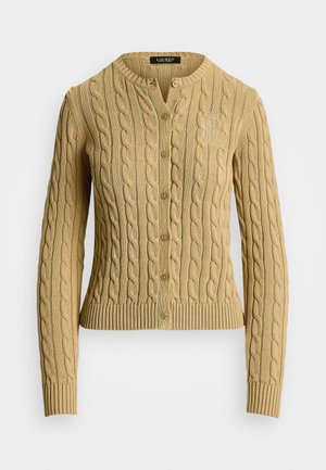 Beige knitted cardigan featuring a cable pattern, button closure, ribbed hem, and embroidered logo on the chest.