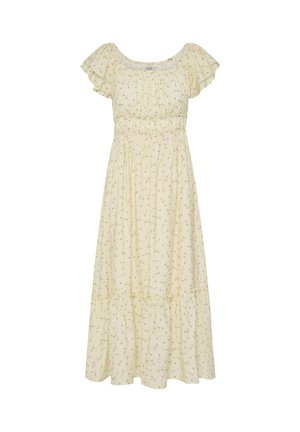 Hellgelbes Kleid mit kurzen Ärmeln, knöchellang, mit kleinem Blumenmuster, geraffter Taille und gerafftem Saum.