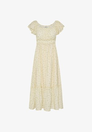 Hellgelbes Kleid mit kurzen Ärmeln, knöchellang, mit kleinem Blumenmuster, geraffter Taille und gerafftem Saum.