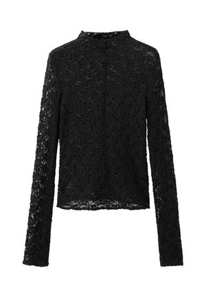 Bluză din dantelă neagră cu mâneci lungi, guler înalt și închidere prin nasturi, cu un model delicat de dantelă florală și material ușor transparent.