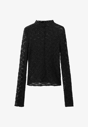 Čierna blúzka s dlhým rukávom z čipky s vysokým golierom a gombíkovým zapínaním, jemný kvetinový čipkový vzor, mierne priesvitná tkanina.