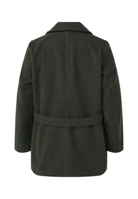 Cappotto di lana verde, con colletto, maniche lunghe, vita con cinturino e una silhouette leggermente oversize con una texture liscia.