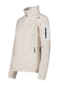 Flødefarvet fleecejakke med lynlås, høj krave, sidelommer og en lynlåslomme på venstre overærme.