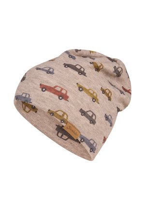 Beige knit hat with colorful vintage car patterns in red, yellow, gray, and blue, featuring a small brown label with text on the front edge.