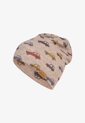 Beige knit hat with colorful vintage car patterns in red, yellow, gray, and blue, featuring a small brown label with text on the front edge.