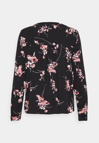 Blusa nera a maniche lunghe con motivo floreale rosa, tessuto leggero, dettagli plissettati sul retro e polsini con bottoni.