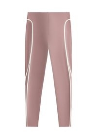 Leggings mauve à taille haute avec des bandes blanches courbes courant verticalement le long des jambes extérieures.
