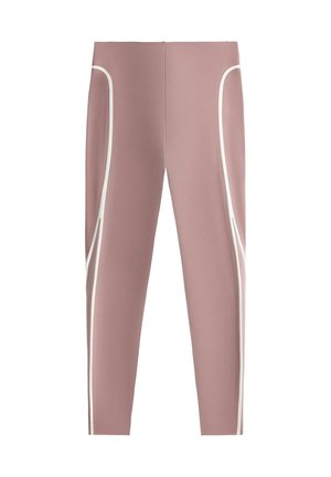 Leggings malva con vita alta e strisce bianche curve che corrono verticalmente lungo le gambe esterne.
