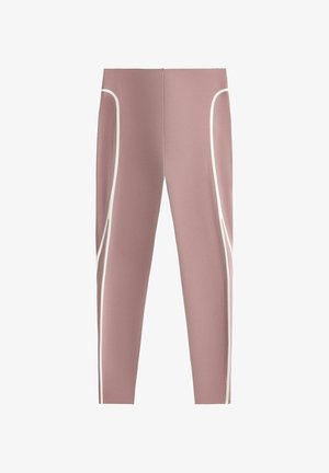 Leggings malva con vita alta e strisce bianche curve che corrono verticalmente lungo le gambe esterne.