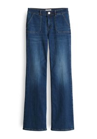 Jeans in denim blu scuro con taglio dritto, design a cinque tasche e leggera sbiaditura nelle cosce. Presentano una chiusura frontale con bottone.