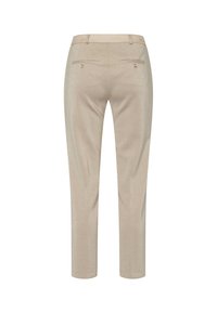 Beige, glitzernde Maßhosen mit slim Fit, ausgestattet mit einem glatten Bund und zwei Gesäßtaschen mit Knöpfen.