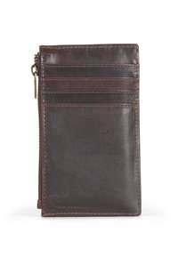 Brown leather cardholder with a smooth texture, featuring a zippered pocket and four card slots on the front. Stitched accents visible.
