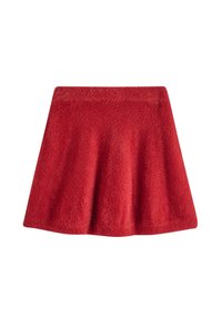 Red flared skirt made of fuzzy fabric, featuring a wide waistband and smooth texture. The design is knee-length with no visible fastenings.