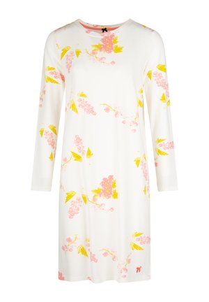 Long-sleeve white dress with pink grape cluster and yellow leaf patterns, round neckline, and small red bow detail near hem.
