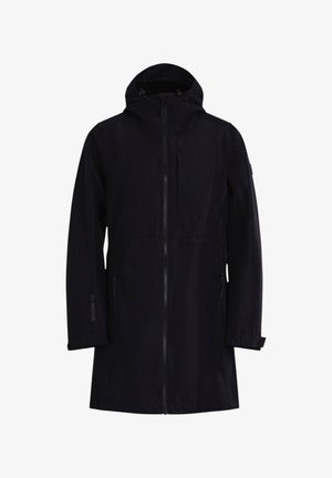 Musta pitkä vedenpitävä hupullinen takki, jossa vetoketju edessä, vetoketjulliset sivutaskut ja säädettävät hihansuut.