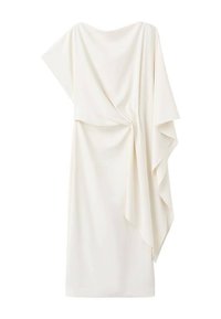 Asymmetrical off-white sleeveless dress with draped fabric gathered at waist and flowing layered detail on one side.