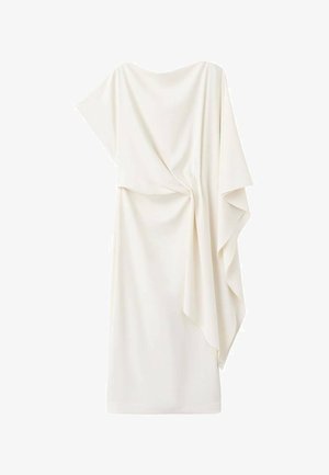 Asymmetrical off-white sleeveless dress with draped fabric gathered at waist and flowing layered detail on one side.