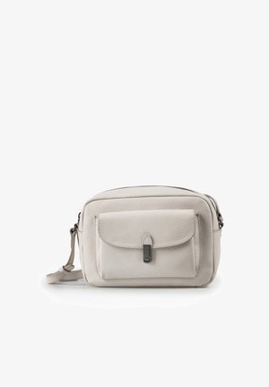 Small light gray leather crossbody bag with front flap pocket and adjustable strap, shown against a white background.