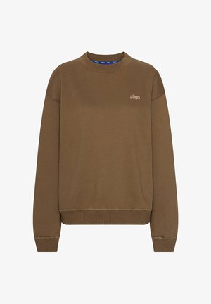 Pruun särk ümmarguse kaelusega, pikkade varrukatega, ribaga mansetid ja serv. Ees on hele "align" logo. Pehme tekstuur.
