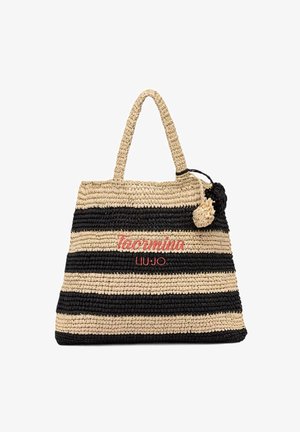Borsa tote intrecciata con righe orizzontali nere e beige, doppi manici, dettaglio pon pon e scritta rossa ricamata "Taormina Liu Jo" sul davanti.