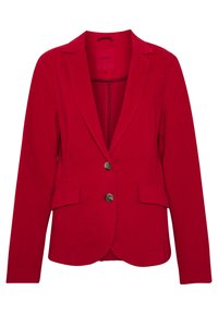 Červený blazer s klopovým límcem, dvěma předními kapsami a jedním knoflíkovým zapínáním. Vyrobeno z hladkého materiálu s strukturovaným střihem.