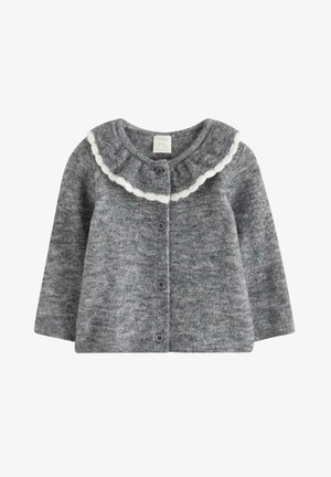 Cardigan grigio a maglia con colletto rotondo, caratterizzato da una rifinitura a volant bianca, bottoni frontali e maniche lunghe. Texture morbida con una finitura liscia.