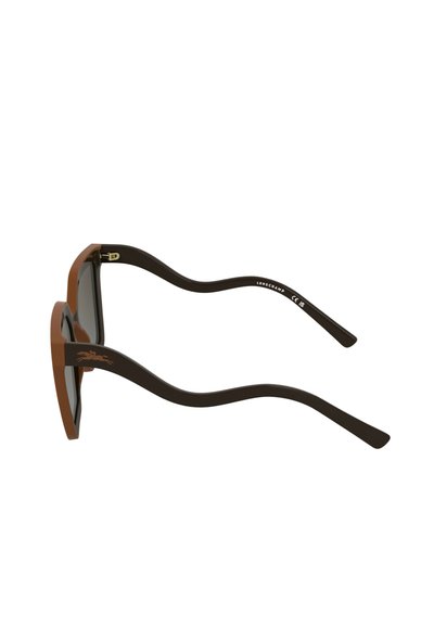 Lunettes de soleil en plastique marron avec des verres foncés, dotées d'une monture rectangulaire et de branches noires élégantes et courbées. Rehaussées d'un détail logo doré.