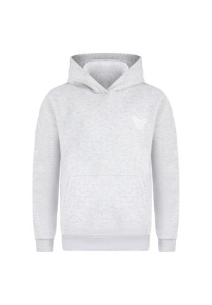 Lichtgrijze hoodie gemaakt van zachte stof. Voorzien van een kangaroozak, ribgebreide boorden en een klein logodedaille op de borst.