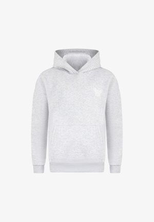 Lichtgrijze hoodie gemaakt van zachte stof. Voorzien van een kangaroozak, ribgebreide boorden en een klein logodedaille op de borst.