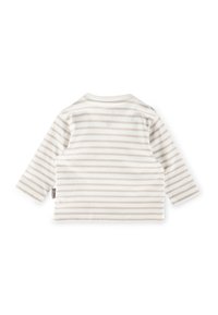 Camicia a maniche lunghe in morbido cotone con un leggero motivo a righe beige e bianche. Presenta un colletto rotondo e una vestibilità rilassata.