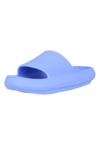 Hellblaue, offene Slide-Sandale mit Textur an Riemen und Sohle, entwickelt für den lässigen Gebrauch und einfaches Hineinschlüpfen.