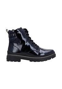 Black patent leather ankle boots with a shiny finish, lace-up front, and rubber sole with grooves for traction. Features a pull tab at the back.