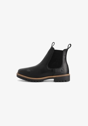 Schwarze Leder-Chelsea-Boots mit elastischen Seitenpanelen, Ziehlaschen, beige Wulstnähten, robustem Sohlenprofil und geprägtem Logo auf der Fersenkappe.