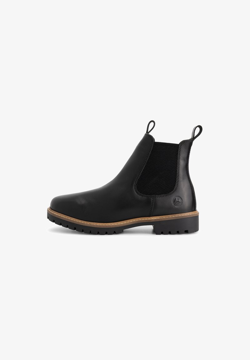 Zwarte leren Chelsea-boot met elastische zijpanelen, trekbanden, tan welt-stiksel, robuuste zool en een gegraveerd logo op de hiel.