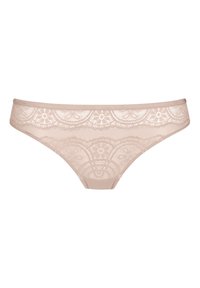 Lace brief vaale beige väri, jossa on kukkakuosia, sileä vyötärö ja puoliksi läpikuultava rakenne. Pehmeä ja naisellinen muotoilu.