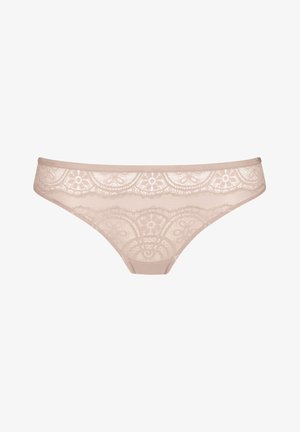 Lace slip in nude kleur met bloemmotieven, een gladde tailleband en een semi-doorzichtige textuur. Zacht en vrouwelijk ontwerp.