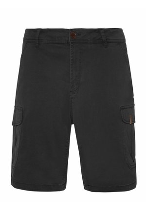 Black cargo shorts made of cotton with two side pockets, a button closure, and a straight cut. Smooth texture with minimal detailing.