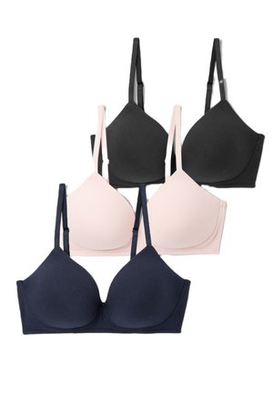 Three bras displayed: a black and a navy bra with structured cups and thin straps, and a light pink bra, all in a smooth, stretchy fabric.