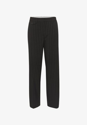 Fekete csíkos nadrág egyenes láb vonalvezetéssel, gombos záródással és övhurkokkal. Sima, szövet anyagból készült.