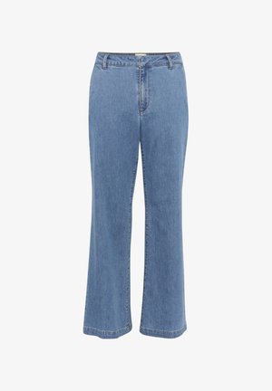 Jeans en denim bleu clair à jambes larges avec une taille haute, dotés d'un zip, de cinq poches et d'un ourlet propre. Texture douce et design classique.