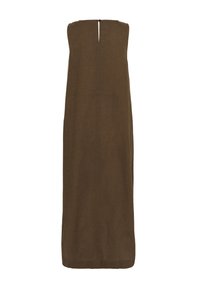 Robe en lin marron avec une silhouette droite, sans bretelles, et une fermeture éclair dans le dos. Présente des détails de coutures sur le corps.